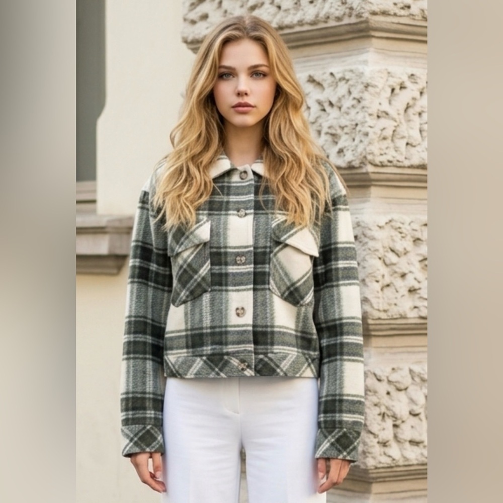 George Olive Green & Cream Plaid Jean Shacket